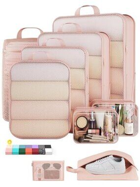 Compression Packing Cubes 9 Piece Travel Organizer Set Beige Luggage Storage Bag